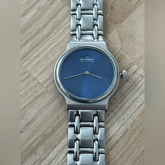 Skagen Steel Watch Blue Dial Stain Case, Bracelet, Hands, Markers